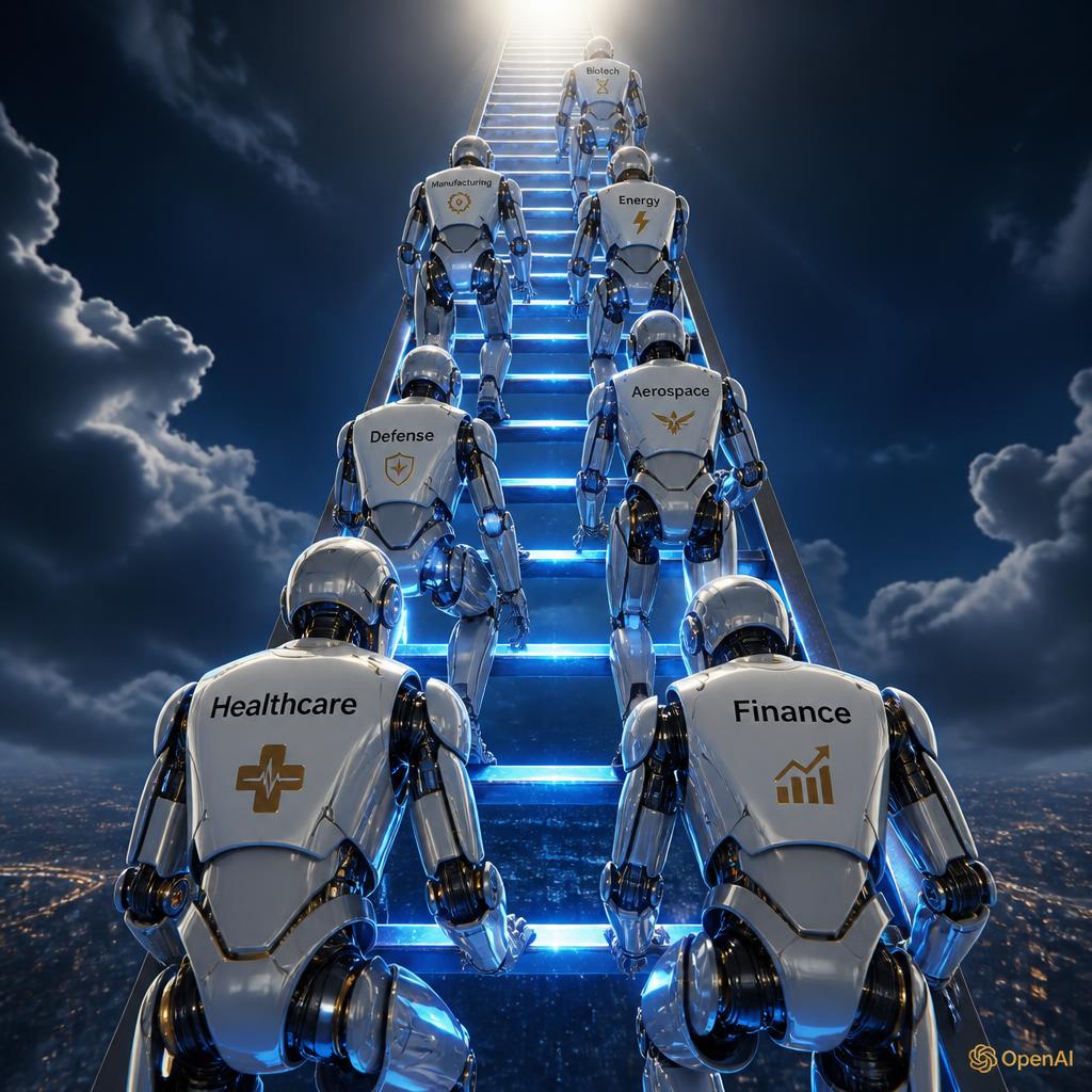 Robots representing every industry SummitPoint AI Global services, climbing a glowing ladder of progress